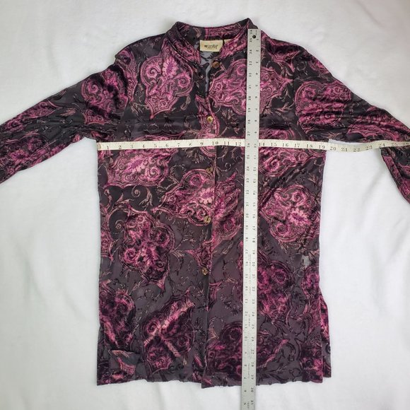 Vintage Women Size Med Petite Purple Velvet Floral Semi Sheer Long Sleeve Blouse - Picture 8 of 13